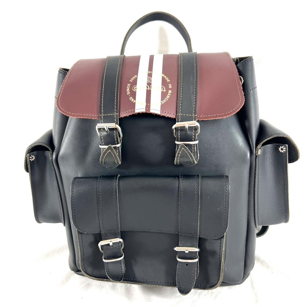 GRAFEA Black & Burgundy Leather Flap Backpack Bag Made in England